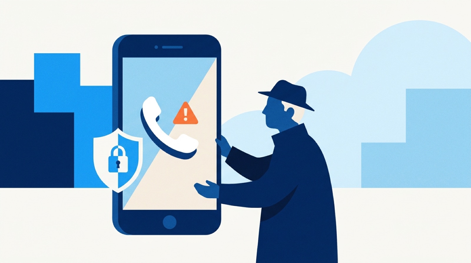 Ilustracja: telefon z ostrzeżeniem i tarcza ochronna – ochrona przed oszustwami telefonicznymi